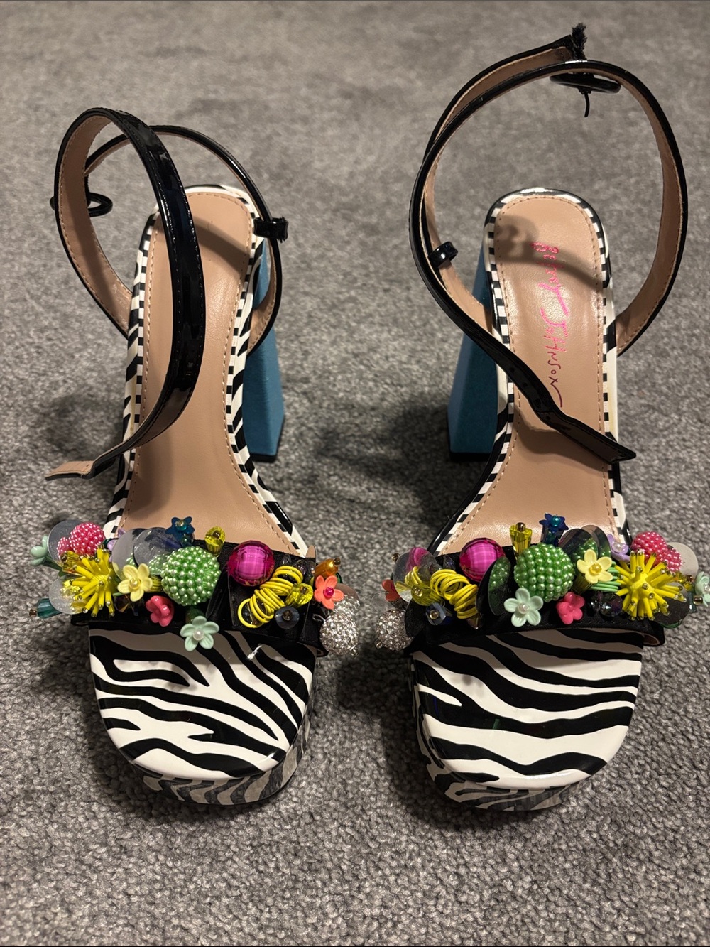 Betsey Johnson Zebra Print Block Heels with Multicolor Floral Embellishments